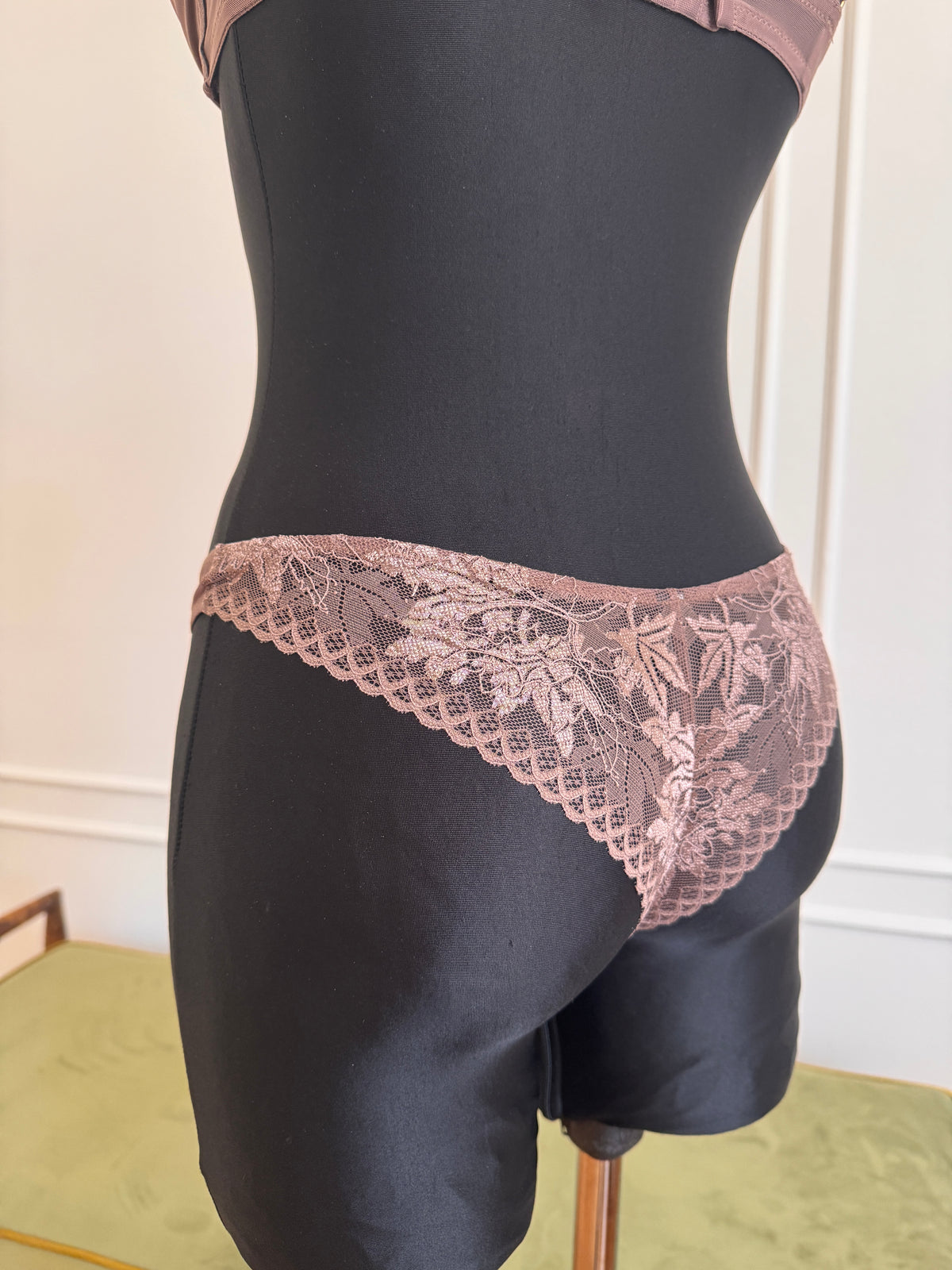 Juliette Brazilian Briefs in Mocha on a dress form, side view
