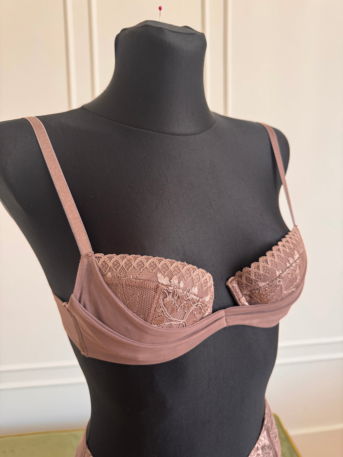 Juliette Bra in Mocha on a dress form, side view