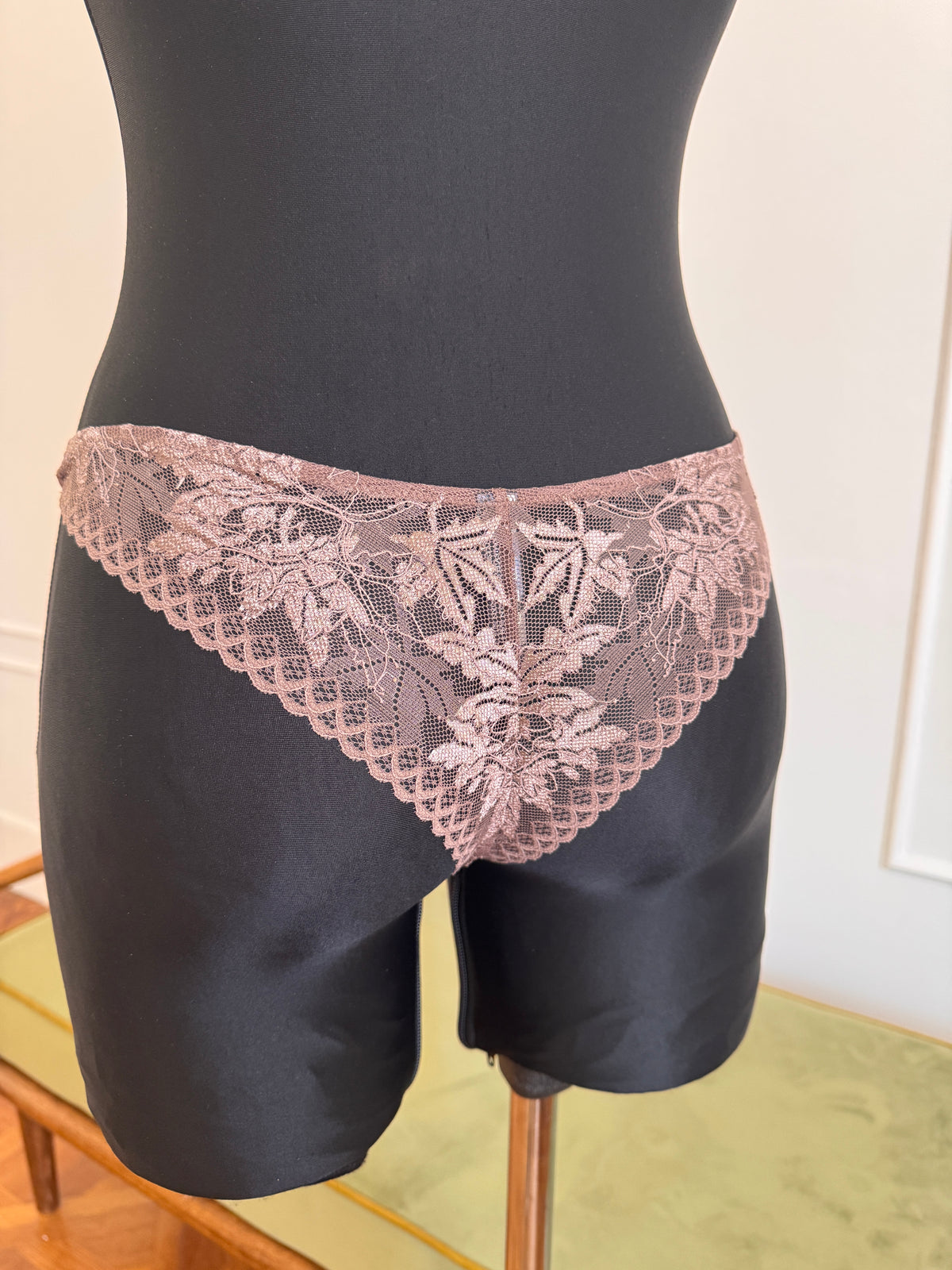 Juliette Brazilian Briefs in Mocha on a dress form, back view