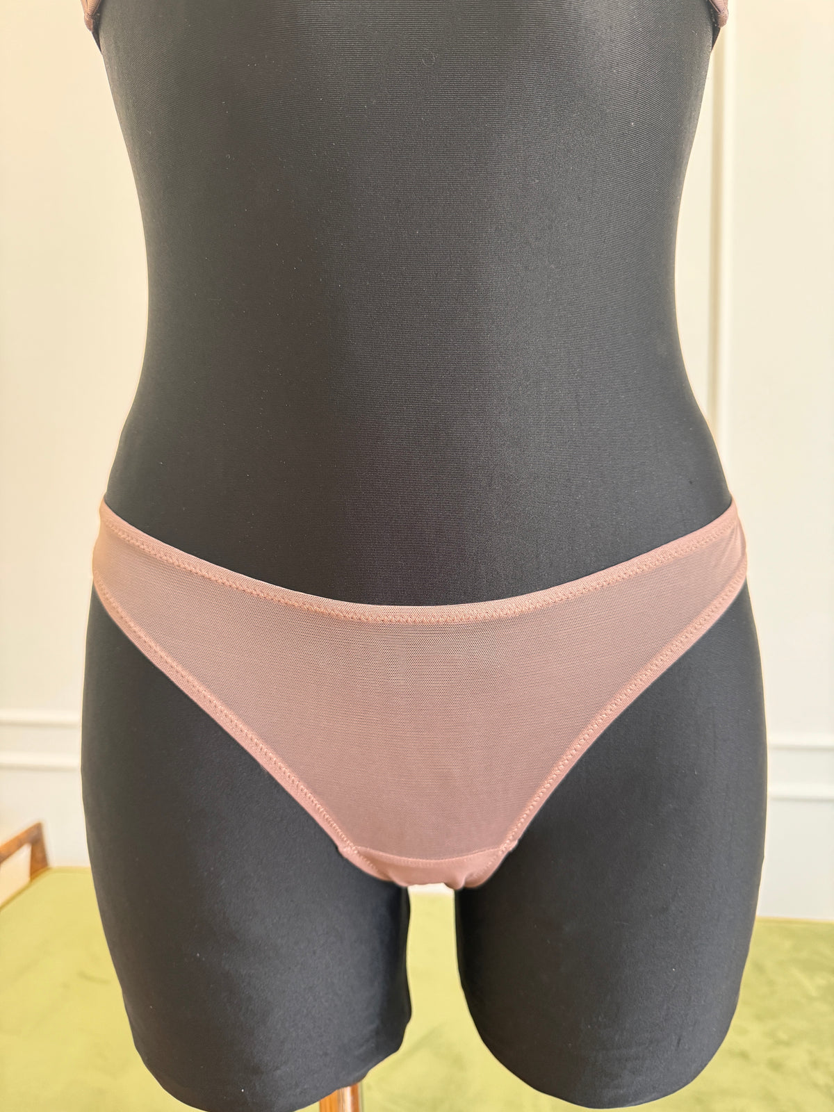Juliette Brazilian Briefs in Mocha on a dress form, front view